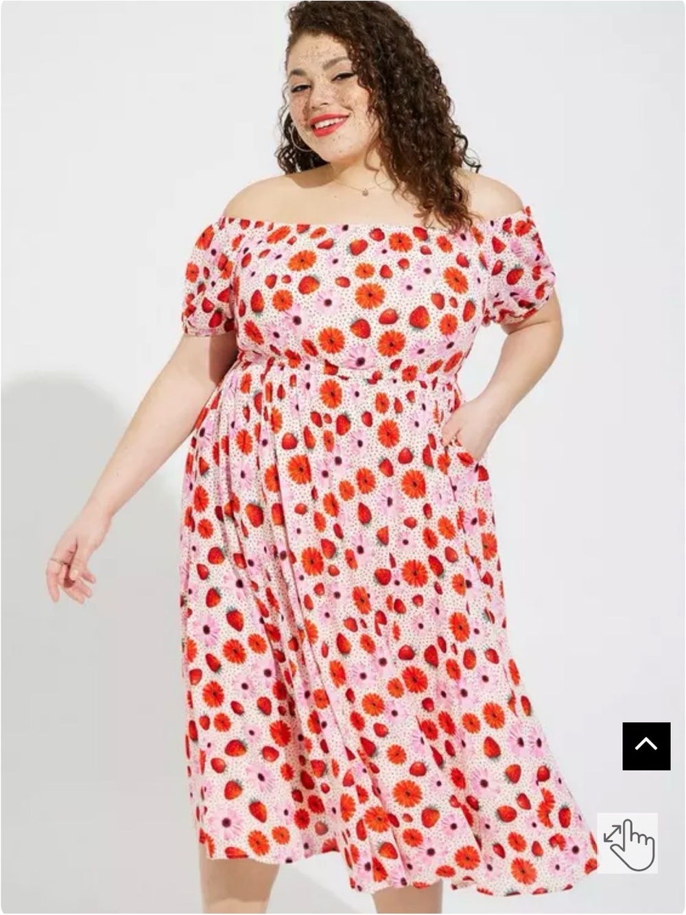 Torrid Strawberry Retro chic Off-Shoulder Pink Midi Dress with Red Floral Print